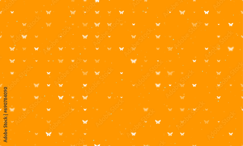 Poster seamless background pattern of evenly spaced white butterfly symbols of different sizes and opacity.
