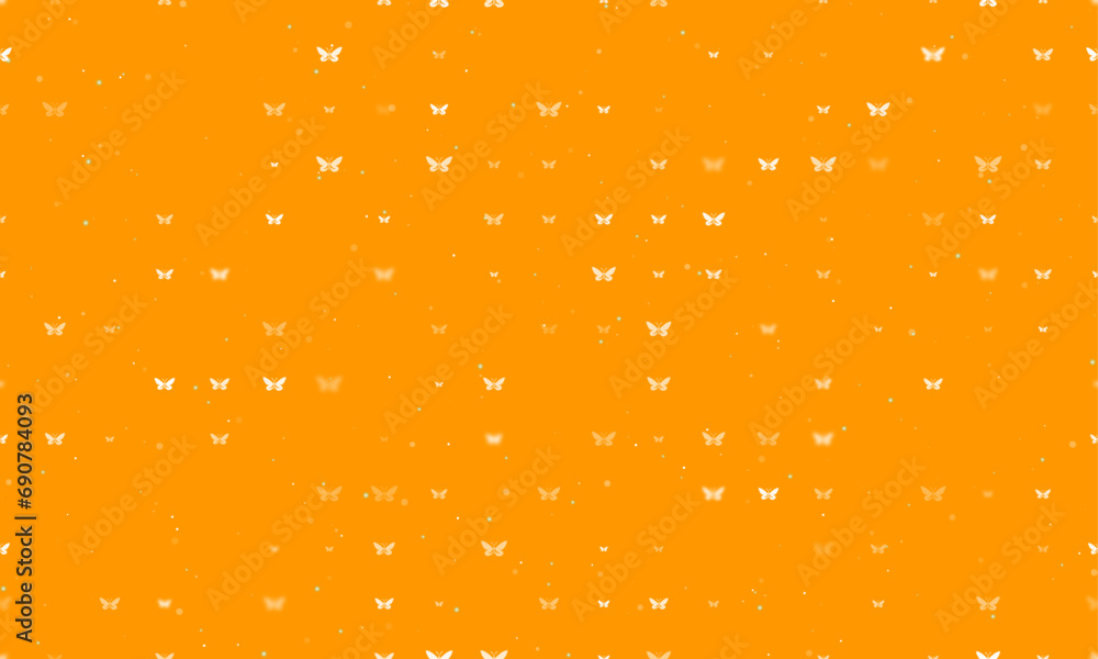 Poster seamless background pattern of evenly spaced white butterfly symbols of different sizes and opacity.