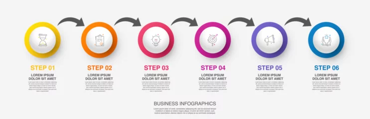 Fotobehang Vector modern infographic with 6 circles and arrows. 3D concept graphic process template with six steps and icons. Timeline for the business project on white background © evseev_tim