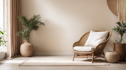 Empty beige wall mockup in boho room interior