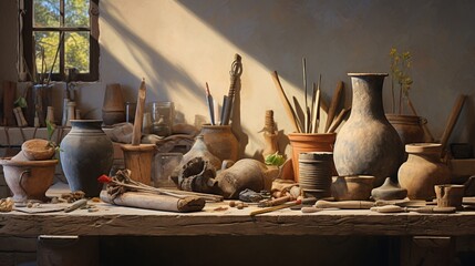A carefully arranged array of potter's tools, their earthy textures and shapes set against a backdrop of a sunlit studio