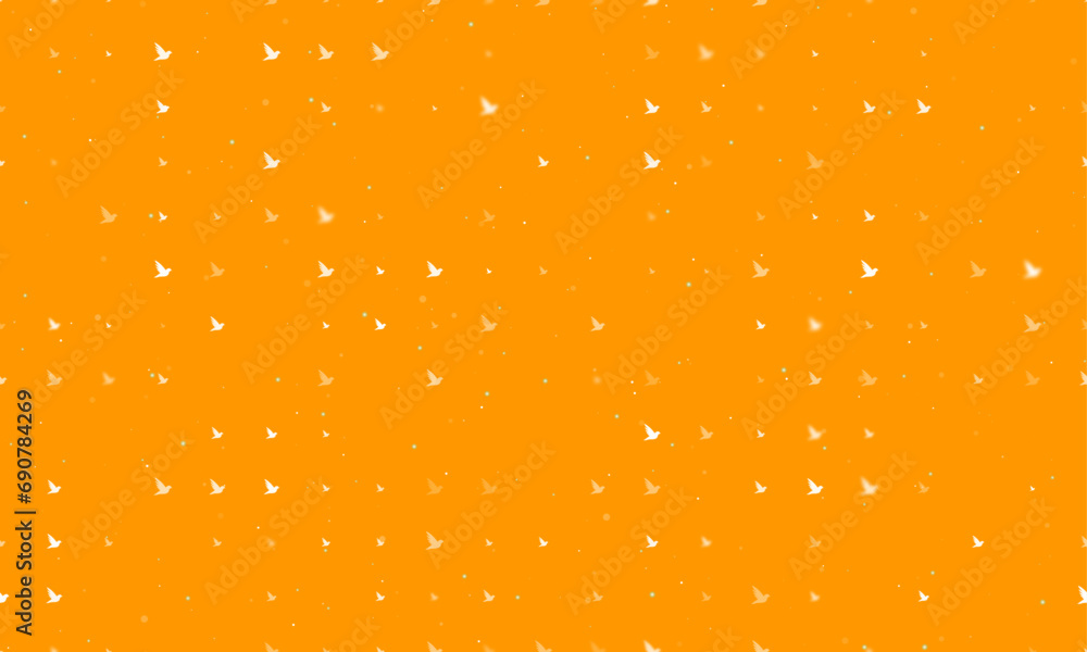 Poster seamless background pattern of evenly spaced white bird symbols of different sizes and opacity. vect