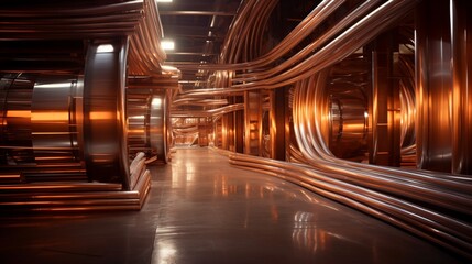 A cavernous metal warehouse filled with neatly organized metallic coils and sheets, their surfaces catching the subtle reflections of ambient lighting