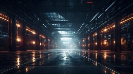 A cavernous metal warehouse housing glistening rows of stacked steel beams, reflecting the soft glow of overhead industrial lights - obrazy, fototapety, plakaty