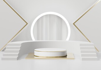 3D white gold pedestal podium door light circle light abstract minimal podium blank space for beauty cosmetic product, clean design luxury minimalist mockup stage ladder circle stand scene. 3d render.