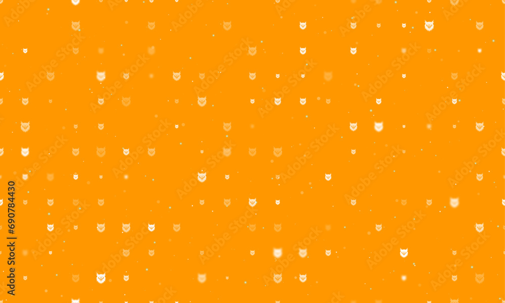 Poster seamless background pattern of evenly spaced white owl head symbols of different sizes and opacity. 