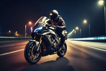 biker on a motorcycle on the road at night with cinematic lighting