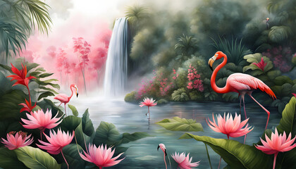 digital watercolor illustration of a foggy morning with a waterfall and pink flamingos, drawn flowers and a jungle,