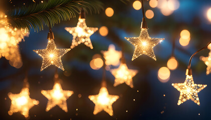 Fototapeta premium Delicate elegant Christmas lights hanging on fir branches on an abstract background, Christmas and New Year,