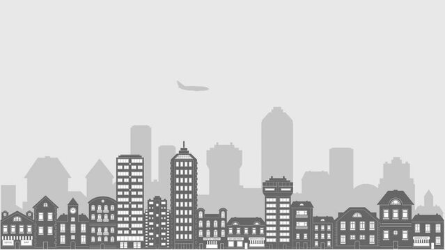 Cartoon city with buildings Aeroplan flying in the sky  simple black and white animation 4k