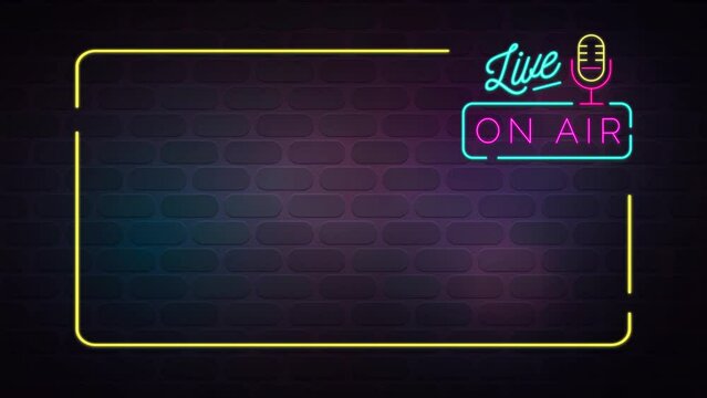 Podcast, live radio streaming animated brick wall with flickering neon frame with copy space background backdrop loop