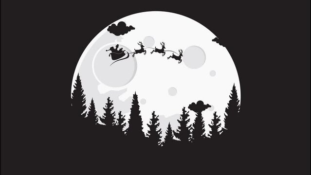 Santa with reindeers in a sleigh flying across the moon cartoon animation isolated loop