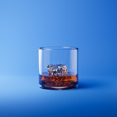 Glass of scotch whiskey with ice cube isolated over blue background. 3D rendering.