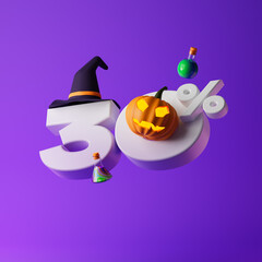 White thirty percent or 30 % with Halloween pumpkin, witch hat and potion bottles isolated over purple background. Halloween concept. 3D rendering.
