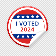 Concept of responsibility USA voting 2024 icon. Circle sticker with I voted, on American flag. Round American elections labels.
