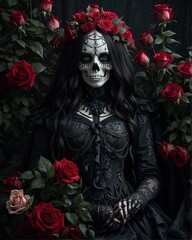 flower, rose, red_flower, solo, dress, jewelry, black_dress, red_rose, mask, necklace, own_hands_together, long_hair, black_hair, skull, ring, holding, long_sleeves, 1girl, black_background, holding_f