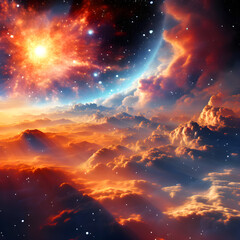 A banner with a fantastic cosmic landscape with clouds and a starry sky