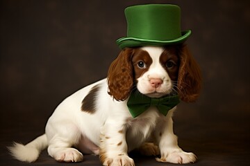 Charming Puppy in Vibrant Green Top Hat - Adorable and Stylish Pet for St. Patricks Day Celebration