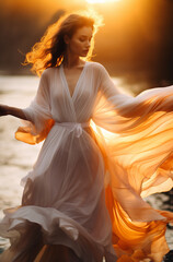 Beautiful woman dancing in golden hour in dress. 