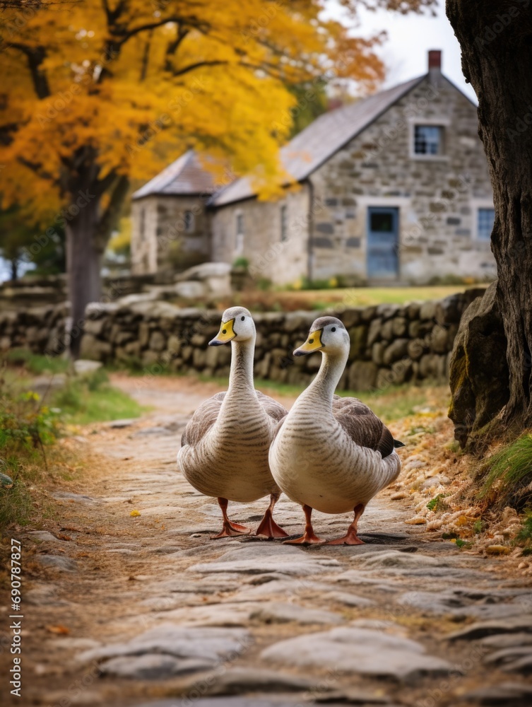 Poster two geese walking down a path in front of a stone house. generative ai.