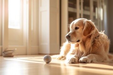 A dog laying on the floor next to a ball. Generative AI. - Powered by Adobe