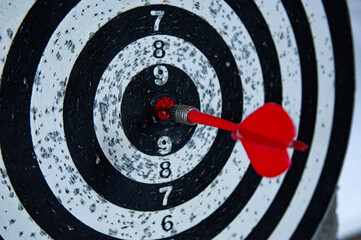 red darts arrow in the target center and black darts business goal concept