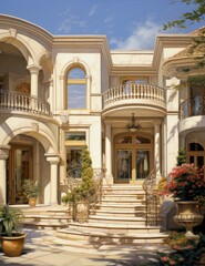 Fototapeta na wymiar Luxury Mansion with Grand Entrance and Beautiful Courtyard Garden