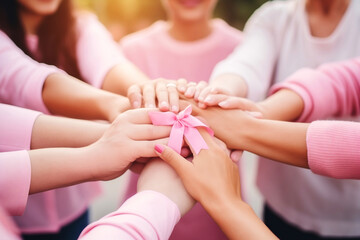 close up of female Hands with pink ribbon. World cancer day - obrazy, fototapety, plakaty
