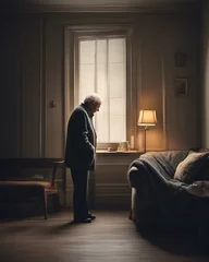 Foto op Plexiglas a lonely grandfather standing alone by the window in a room © Mikalai