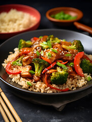Stir-fried vegetables and chicken with rice and sauce on white plate, blurry background