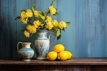 Flowers in yellow vase and lemon