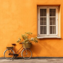 Fototapeta na wymiar Windows With Orange Wall And Vintage Bicycle