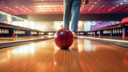 bowling ball and pins in a bowling alley