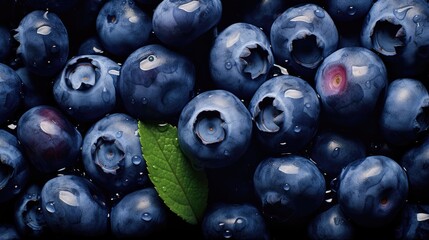 Ripe blueberries with water drops background, vitamin C. Realistic 3D blueberry print, banner, template. Fruit background. Berries for printing on fabric, paper, stationery. Generative ai