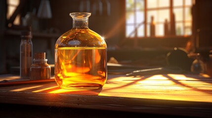 A glistening bottle of motor oil, refracting the sunlight as it rests on a pristine workshop bench. The amber liquid within seems to hold the essence of vehicular vitality