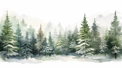 Hand drawn watercolor coniferous forest illustration, spruce. Winter nature, holiday background, conifer, snow, outdoor, snowy rural landscape.Mysterious fir or pine trees for winter Christmas design. - obrazy, fototapety, plakaty