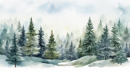Fototapeta na wymiar Hand drawn watercolor coniferous forest illustration, spruce. Winter nature, holiday background, conifer, snow, outdoor, snowy rural landscape.Mysterious fir or pine trees for winter Christmas design.