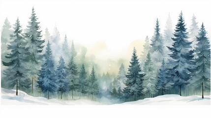 Fototapeta premium Hand drawn watercolor coniferous forest illustration, spruce. Winter nature, holiday background, conifer, snow, outdoor, snowy rural landscape.Mysterious fir or pine trees for winter Christmas design.