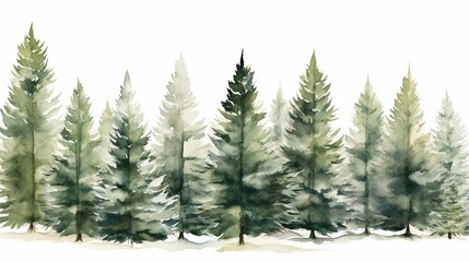 Hand drawn watercolor coniferous forest illustration, spruce. Winter nature, holiday background, conifer, snow, outdoor, snowy rural landscape.Mysterious fir or pine trees for winter Christmas design.
