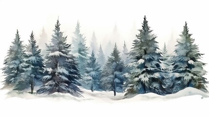 Fototapeta na wymiar Hand drawn watercolor coniferous forest illustration, spruce. Winter nature, holiday background, conifer, snow, outdoor, snowy rural landscape.Mysterious fir or pine trees for winter Christmas design.