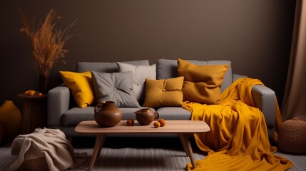 The stylish boho compostion at living room interior with design gray sofa, wooden coffee table, commode and elegant personal accessories. Honey yellow pillow and plaid. Cozy apartment. 