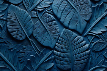 blue paper leaves with blue background, in the style of photorealistic compositions, junglepunk, - obrazy, fototapety, plakaty