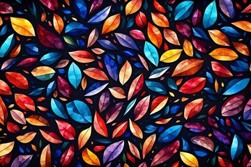 Colorful Mosaic: Construct a vibrant mosaic using flower petals on a dark background, forming geometric shapes and patterns. Each petal contributes to a visually stimulating, kaleidoscopic artwork.