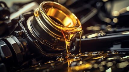 A macro shot capturing the moment when fresh motor oil meets the engine, symbolizing the rejuvenation and care provided to the heart of a vehicle