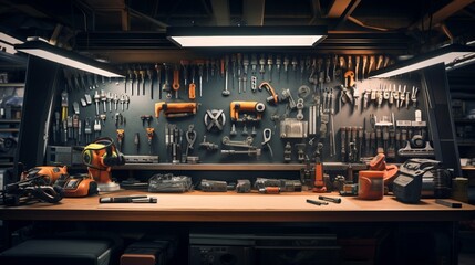 A meticulous arrangement of mechanical engineering tools on a pristine, stainless steel workbench under bright overhead lights - obrazy, fototapety, plakaty