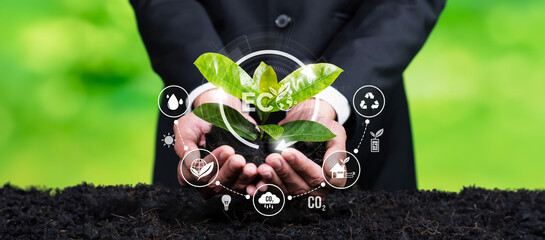 Businessman nurturing plant with eco design icon symbolize commitment to environmental business,...