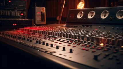 A meticulously arranged set of audio engineering tools on a sleek console, their dials and buttons softly lit in a recording studio