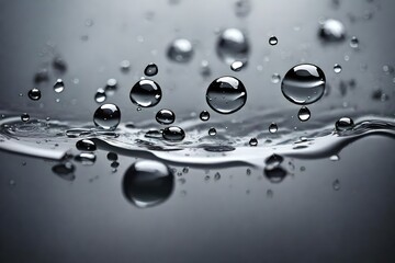 This image portrays a minimalist scene featuring a grey glass background adorned with glistening drops of water. Against the cool grey surface, the clear water droplets create a striking visual.