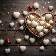 Valentine's Day background made of white and red small hearts on a wooden background, top view. Background of hearts, Women's Day, wedding, Valentine's Day, Birthday. Postcard template. Generative AI