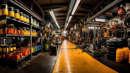 A panoramic view of a well-equipped automotive workshop, with rows of motor oil containers symbolizing reliability and expertise